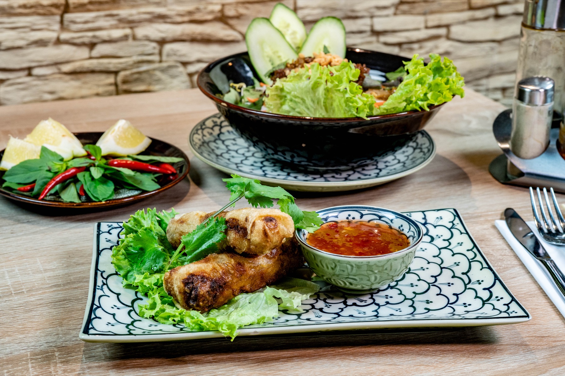 Frühlingsrollen und Salat